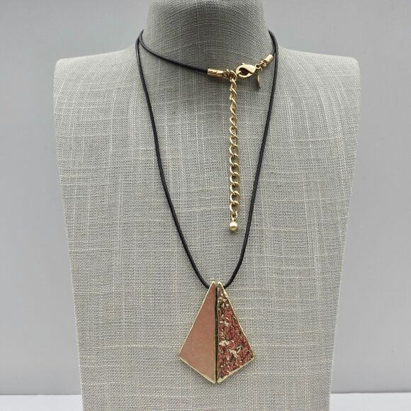 Chico's Jewelry - Chicos Necklace Brushed Hammered Gold Tone Split Pendant Black Cord Chain 24"